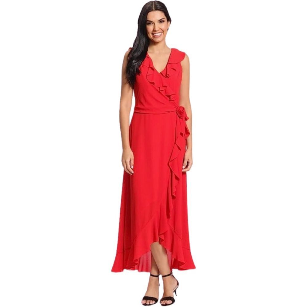 London Times Red Ruffle Wrap Maxi Dress